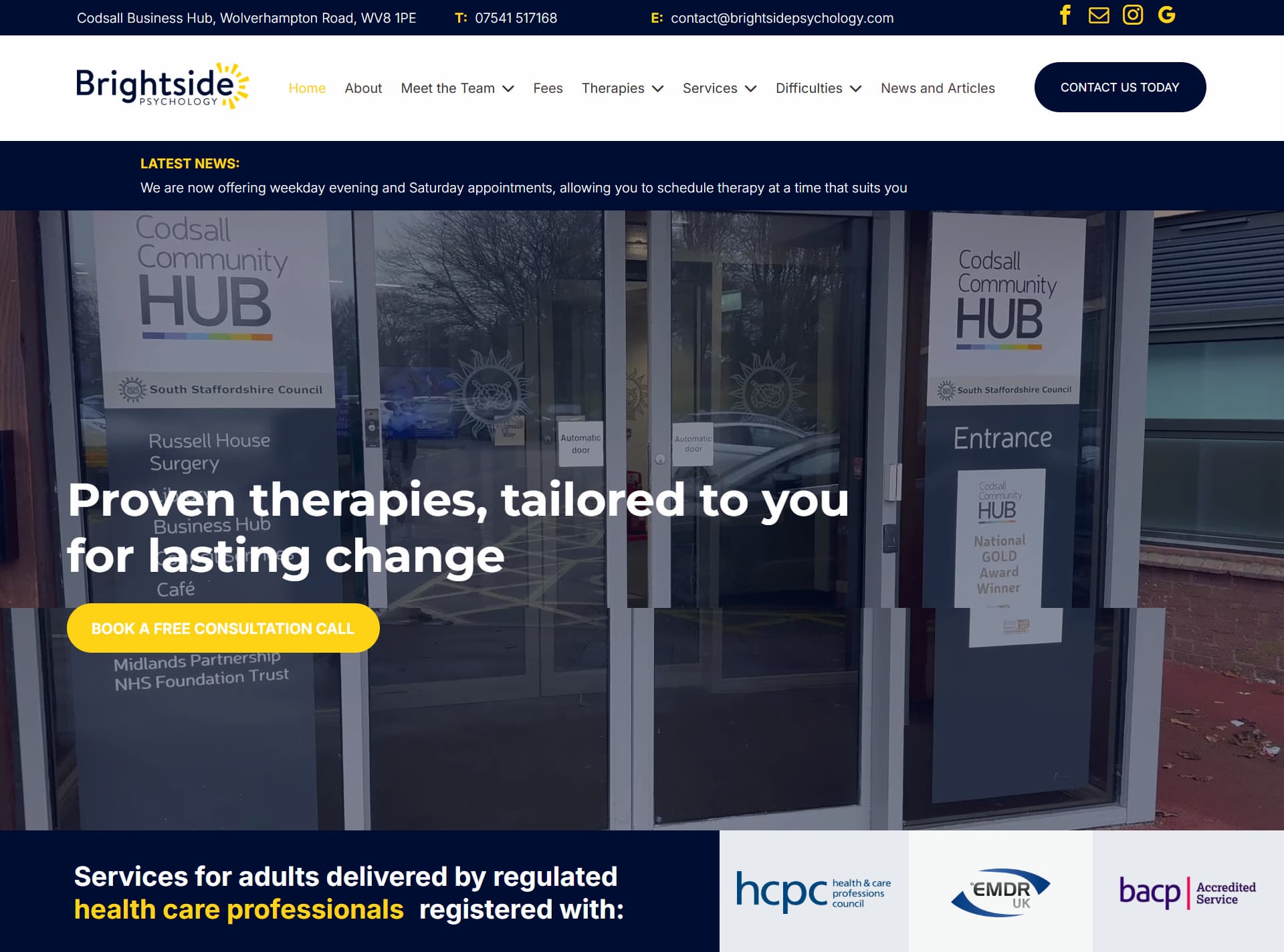 Screenshot of Brightside Psychology home page
