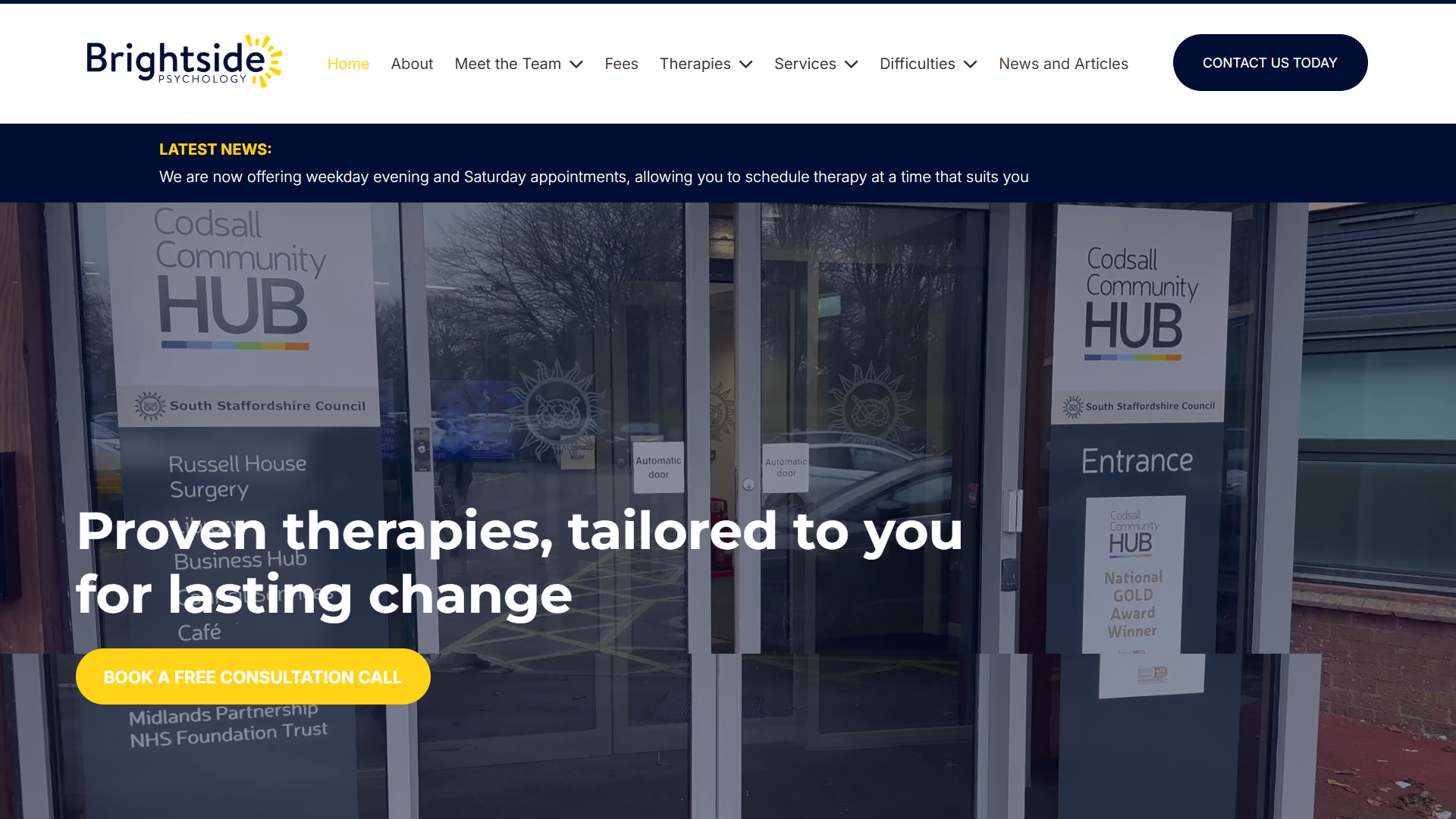 Brightside Psychology home page hero section