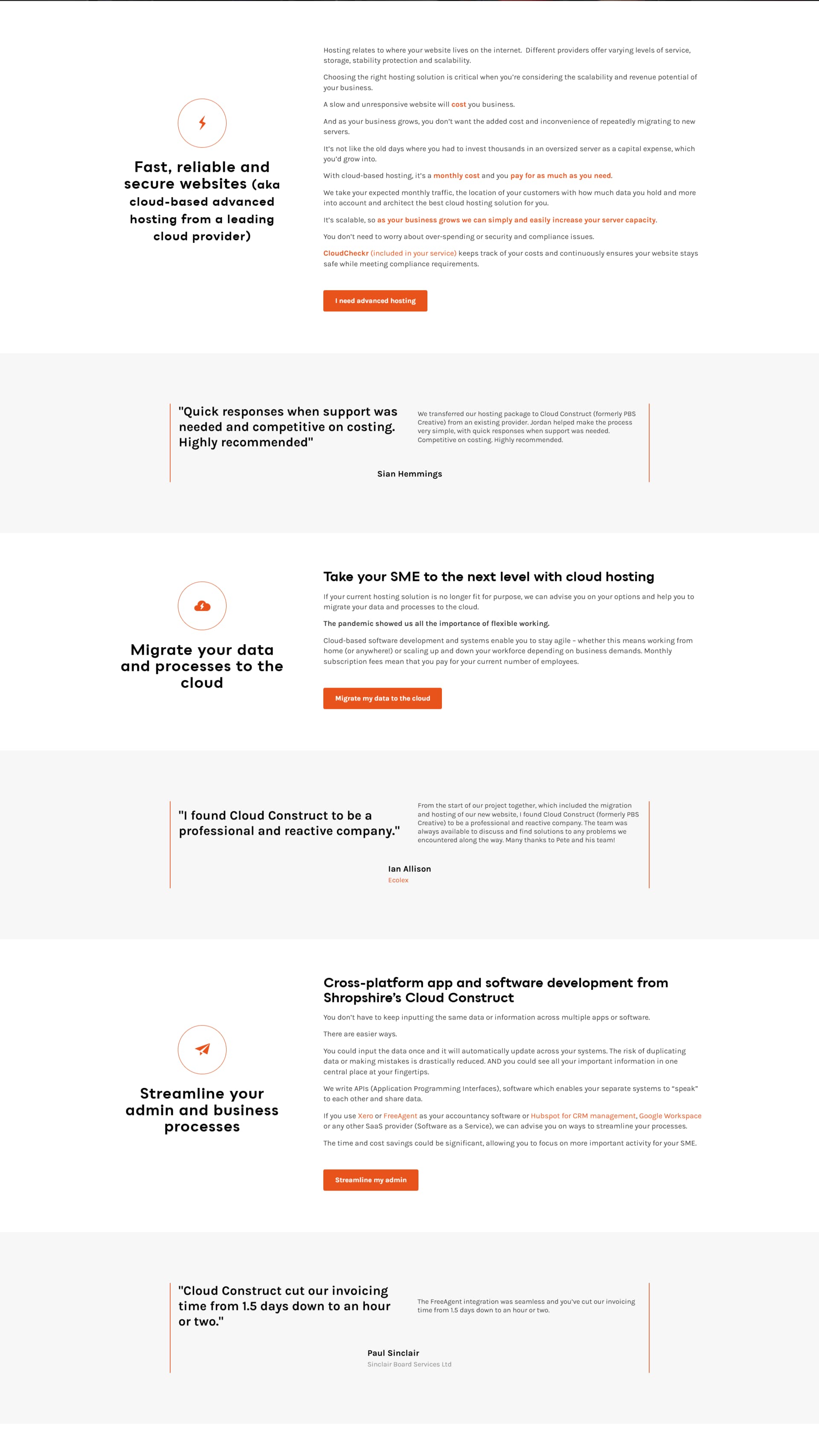 Screenshot of Cloud Construct's service page for Small Businesses
